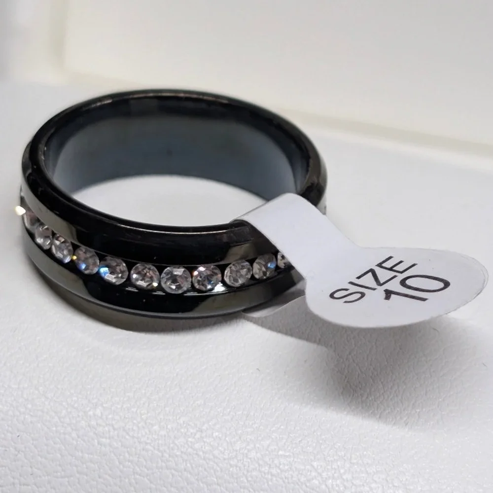NEW Crystal Eternity Ring PLus Size 10 Black Band Clear Rhinestones Wedding Gift